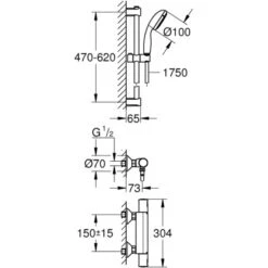 Grohe QuickFix Thermostat-Brausebatterie Precision Startmit Brausegarnitur -Badezimmerbedarf Geschäft 02177 4628 masszeichnung 3